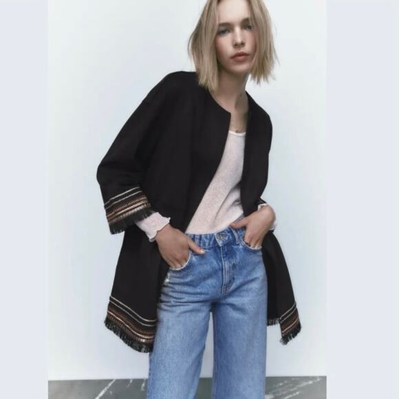 ZARA Women's L Combination Faux Suede Embroidered Jacket Boho Western Black - Picture 1 of 16